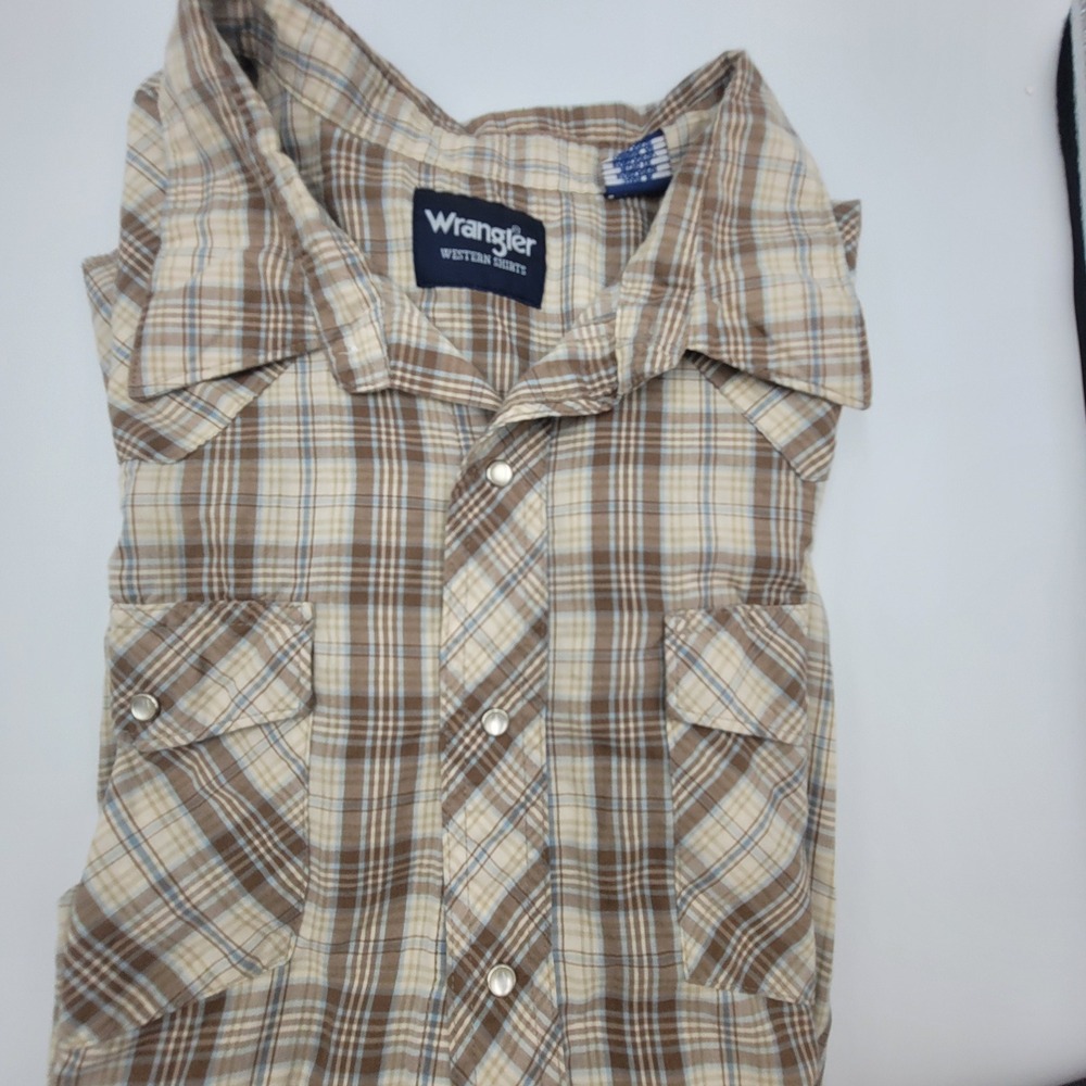 Wrangler Western Shirts Mens 3X Big Plaid Pearl Snap Short Sleeve Brown Blue